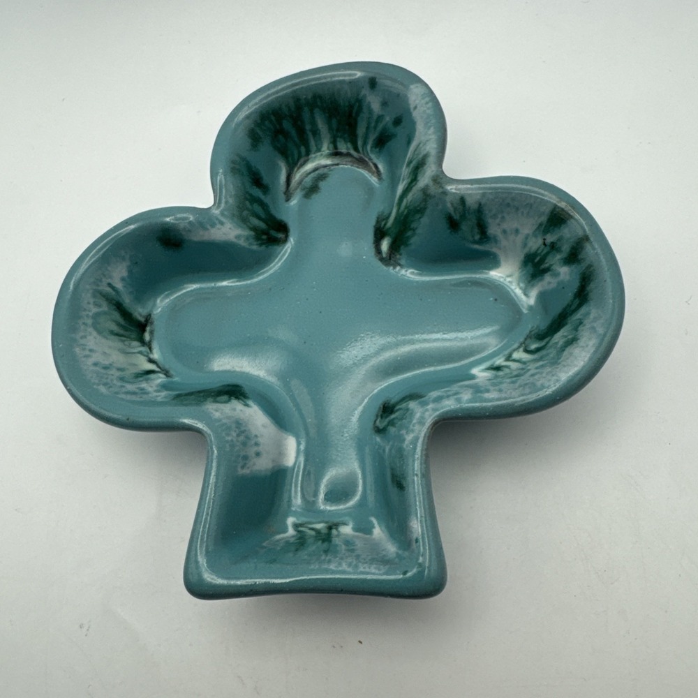 Mid Century Clover Shaped‎ Ceramic Trinket Dish Studio Pottery Turquoise Glaze